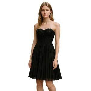 MAC DUGGAL Dress Size 2 Evening Gown Sequin Black Mini Ruffle Pleated Strapless